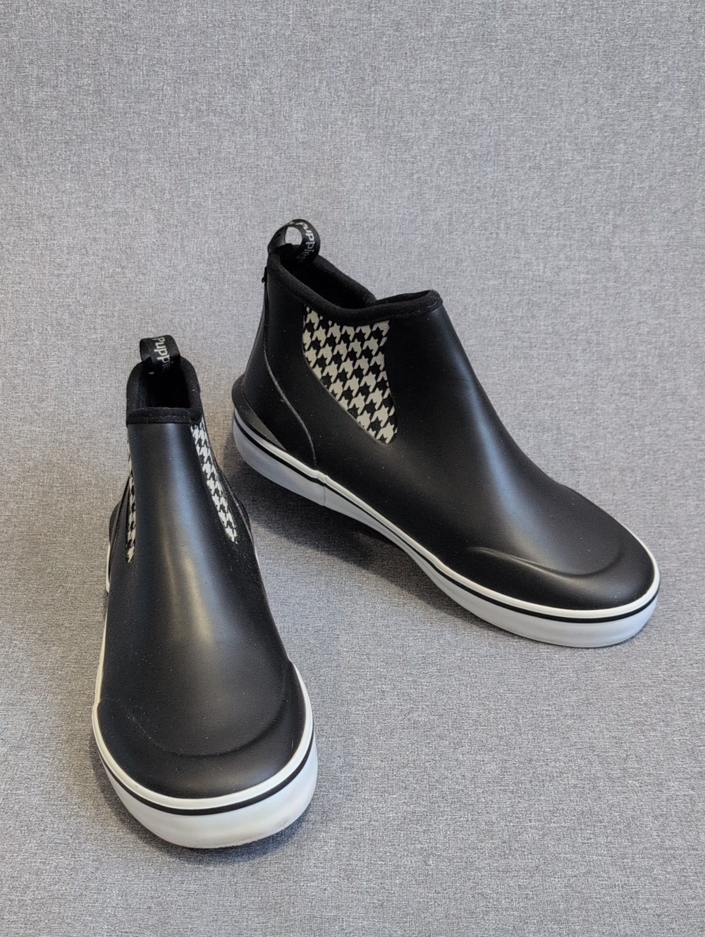 Hush Puppies Black Chelsea Rain Booties with Houndstooth Panels